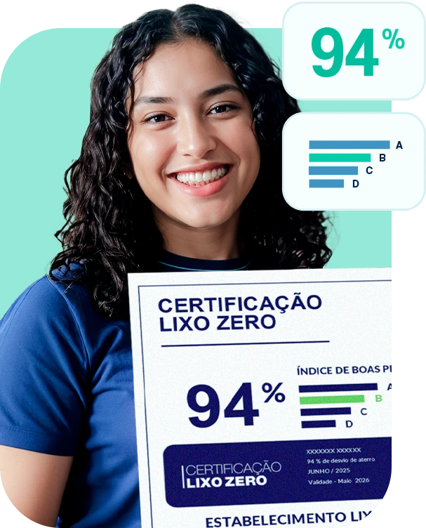 Menina segura nas mãos os dados da Certificação Lixo Zero